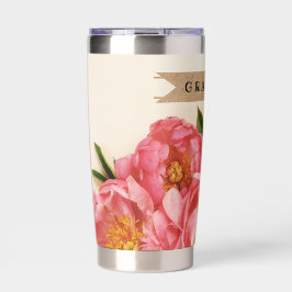 Custom Text Pink Floral Bouquet Kraft Band Thermobecher