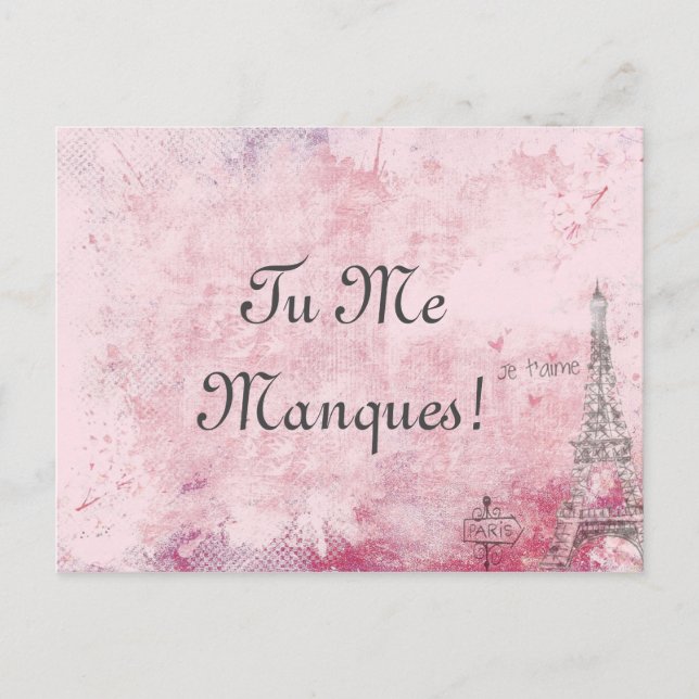 Custom Text Pink I Miss Sie Paris Eiffel Französis Postkarte (Vorderseite)