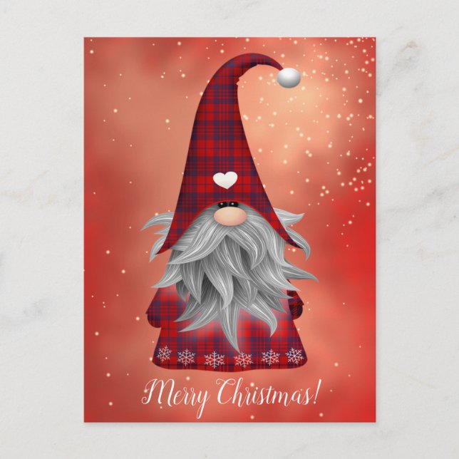 Custom Text Red Kariert Gnome & Snowflakes Holiday Postkarte (Vorderseite)
