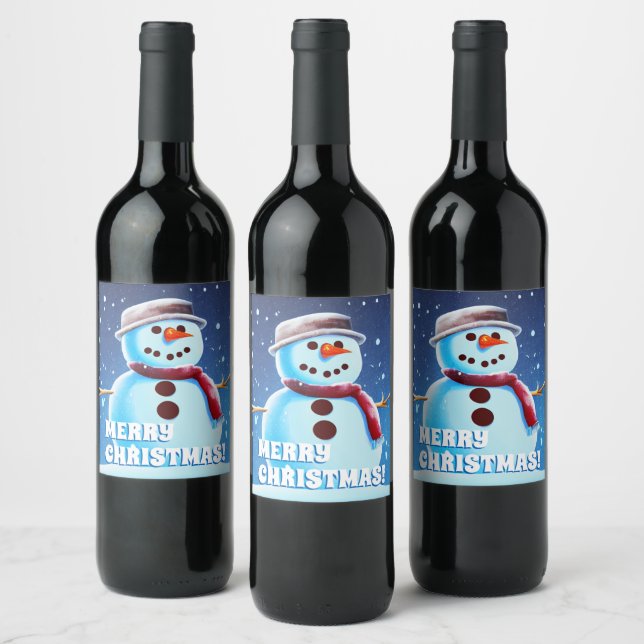 Custom Text Snowman Art 1 Frohe Weihnachtsmalerei Weinetikett (Flaschen)