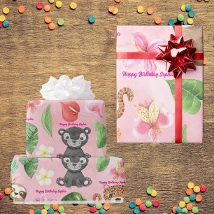 Custom Text Tropical Baby Animals Kindergeburtstag Geschenkpapier