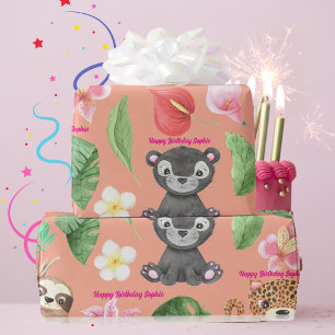 Custom Text Tropical Baby Animals Kindergeburtstag Geschenkpapier