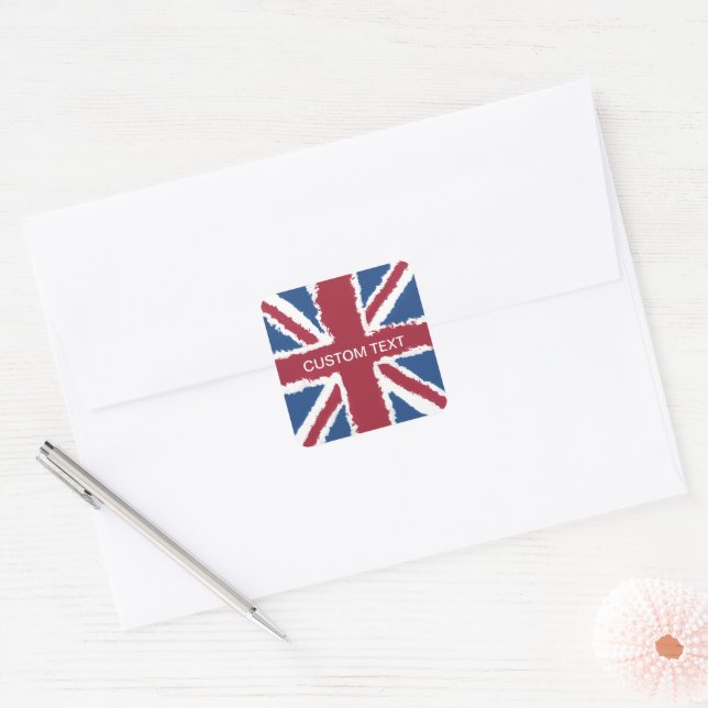 Custom Text Union Jack Flag Art von Heva Weva Quadratischer Aufkleber (Umschlag)