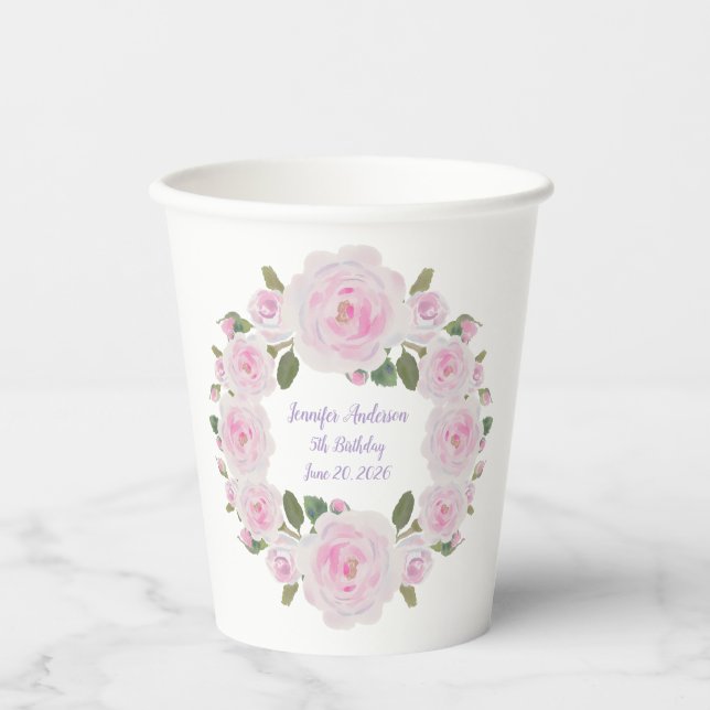Custom Texts, Pink Roses Wreath Paper Cups Party Pappbecher (Vorderseite)