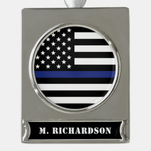 Custom Thin Blue Line USA Flag Police Officer Gesc Banner-Ornament Silber