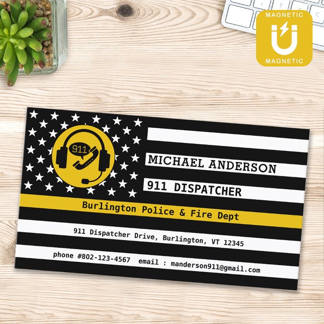 Custom Thin Gold Line American Flag 911 Dispatcher Magnetische Visitenkarte (Von Creator hochgeladen)