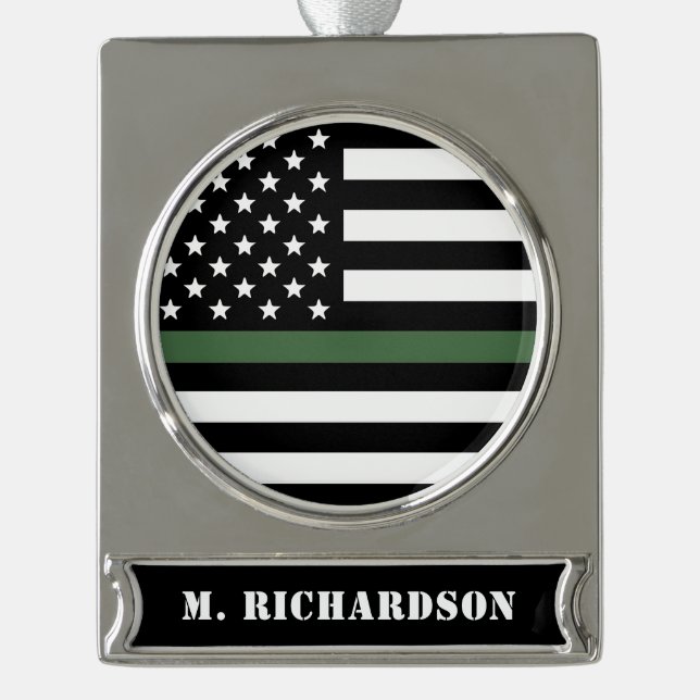 Custom Thin Green Line USA Flag Military Army Hero Banner-Ornament Silber (Vorderseite)