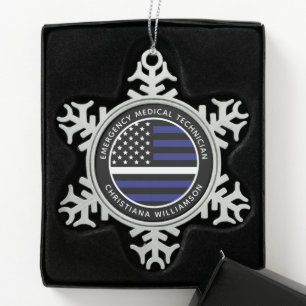 Custom Thin White Line USA Flag EMS EMT Schneeflocken Zinn-Ornament