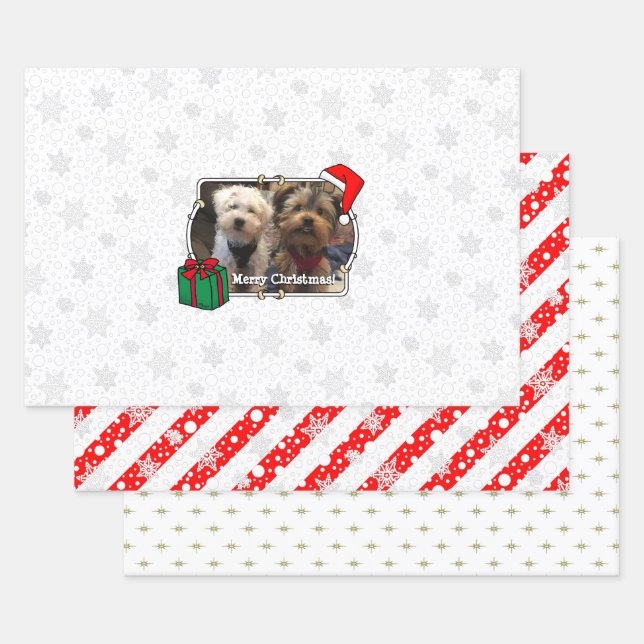 Custom Three Foto Pet Weihnachts-Weihnachtsmannmüt Geschenkpapier Set (Set)