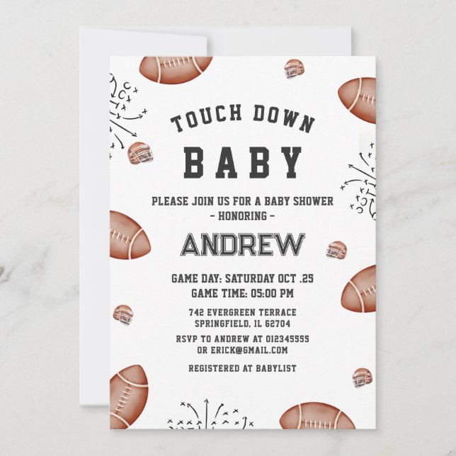 Custom Touchdown American Football Baby Dusche Einladung (Vorderseite)