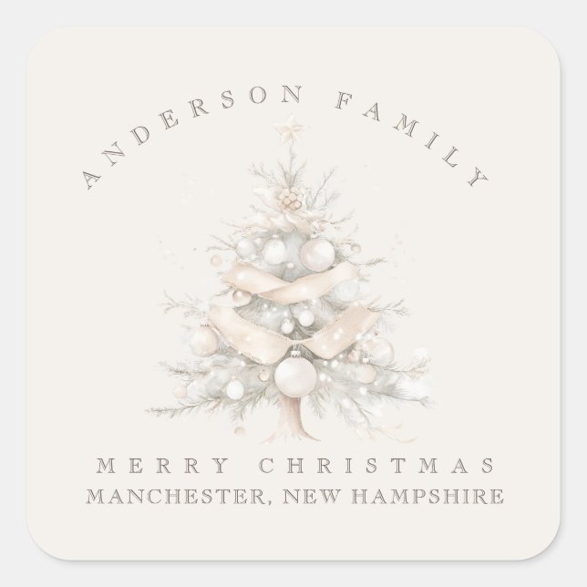 Custom traditional family white Christmas tree Quadratischer Aufkleber (Vorderseite)