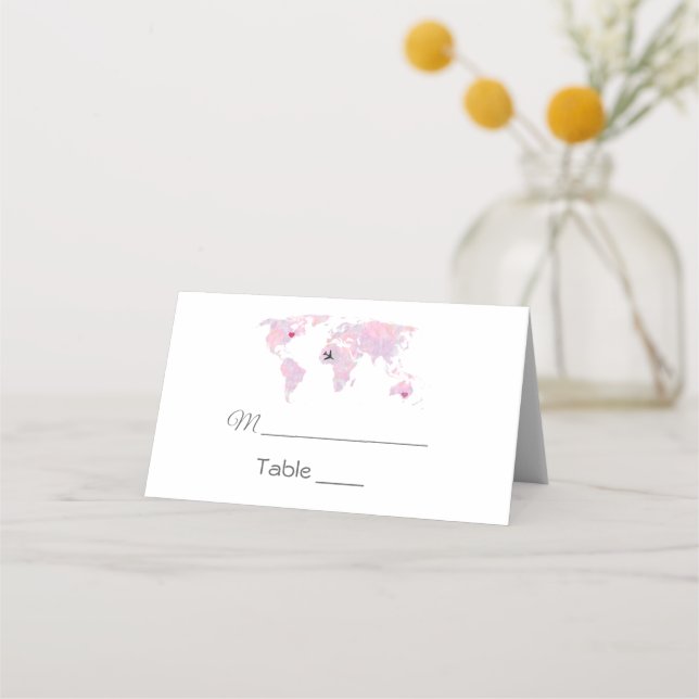 Custom Travel Watercolor Weltkarte Hochzeit Platzkarte (Vorderseite)