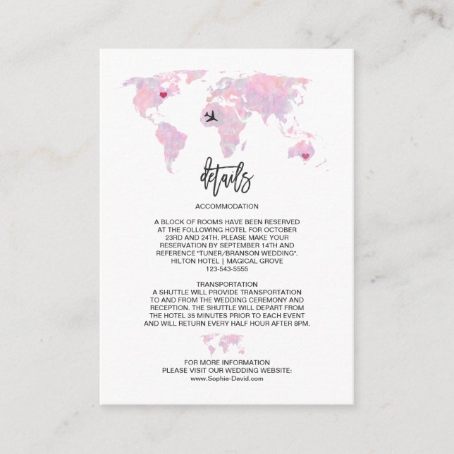 Custom Travel Watercolor Weltkarte Hochzeitdetails Begleitkarte (Vorderseite)
