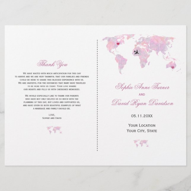 Custom Travel Watercolor World Map Wedding Program (Vorderseite)