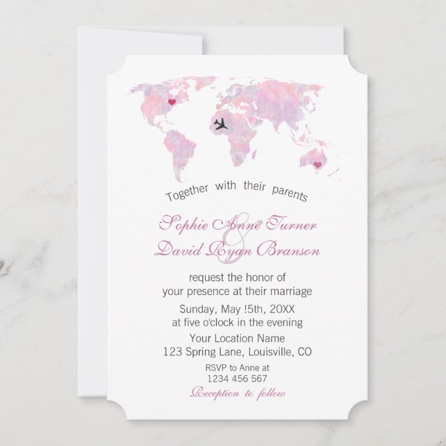 Custom Travel Wedding Watercolor Weltkarte Einladung (Vorderseite)