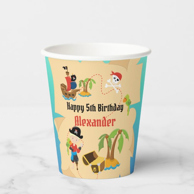 Custom Treasmap Boy Pirate Birthday Party Pappbecher (Vorderseite)