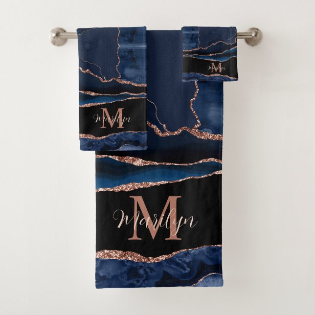 Custom Trendy Navy Blue Agate Rose Gold Glitzer Badhandtuch Set (Insitu)