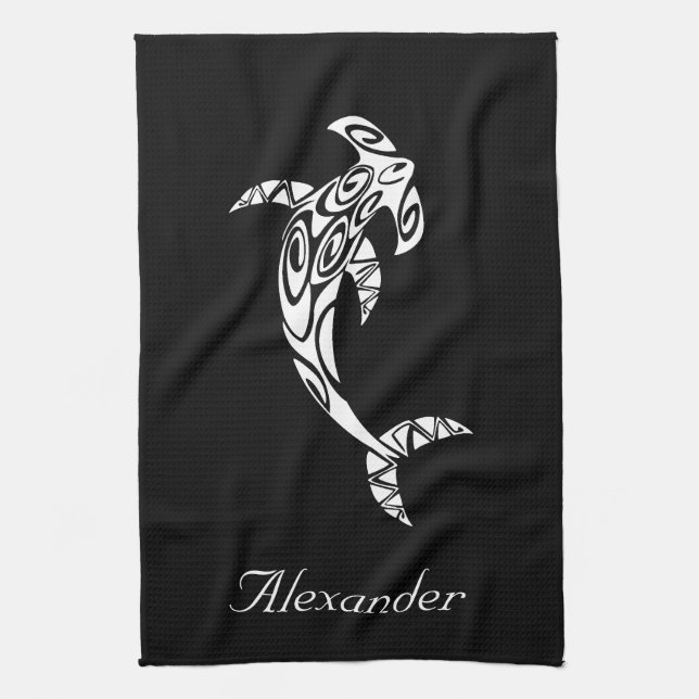 Custom Tribal Hammerhead Shark Illustration Geschirrtuch (Vertikal)
