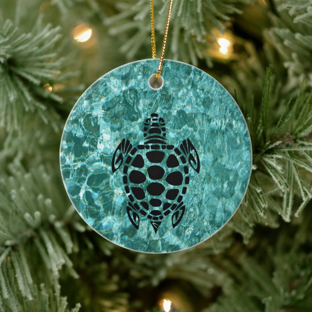 Custom Tribal Sea Turtle Aqua Blue Keramik Ornament (Baum)