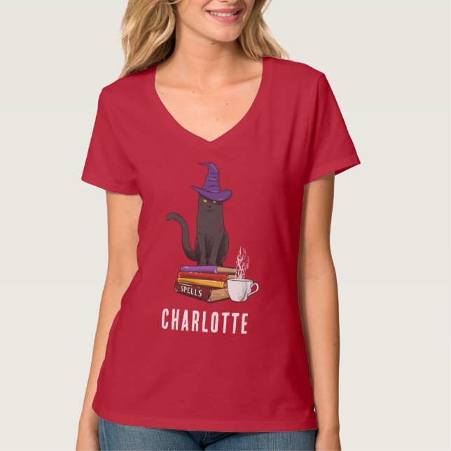 Custom Trick oder behandeln Black Cat Hexe Hallowe T-Shirt (Vorderseite)