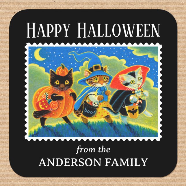 Custom Trick oder Treat Halloween Cat Hexe Quadratischer Aufkleber (Von Creator hochgeladen)