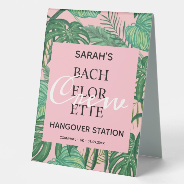 Custom Tropical Bachelorette Hangover Station Tischaufsteller (Vorderseite)