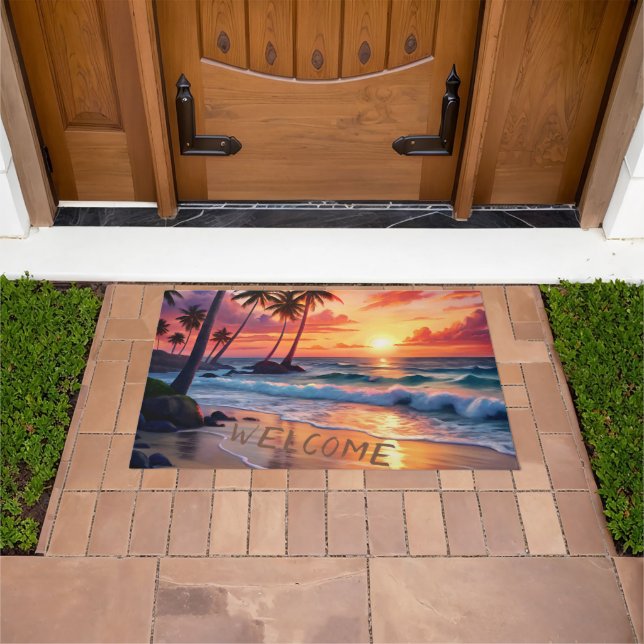 Custom Tropical Beach Sunset | Küstenkunst Fußmatte (Außenbereich)