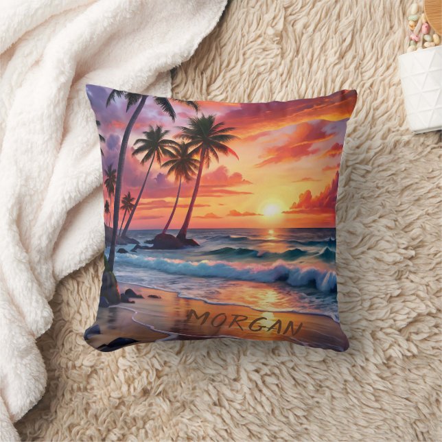 Custom Tropical Beach Sunset | Küstenkunst Kissen (Decke)