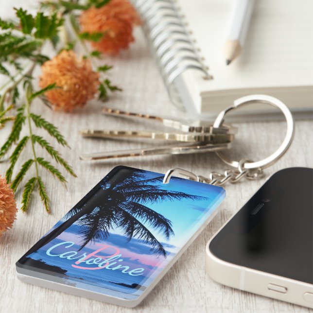 Custom Tropical Island Beach Ocean Sunset Foto Schlüsselanhänger (Vorderseite rechts)