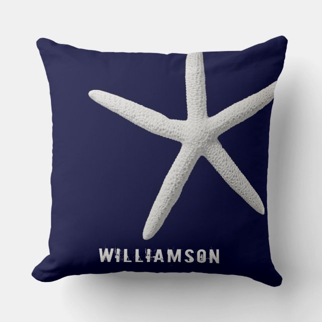 Custom Tropical White Starfish on Navy Blue Beach  Kissen (Vorderseite)