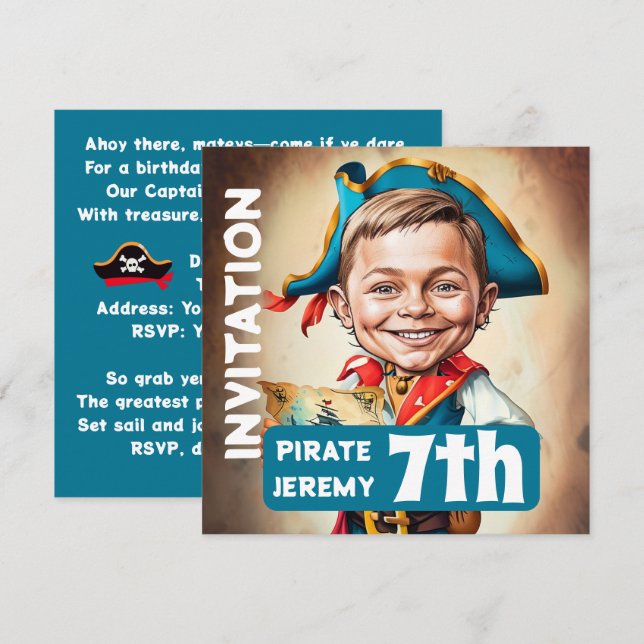 Custom Turquoise Pirate 7. Geburtstagskarikatur Einladung (Vorne/Hinten)