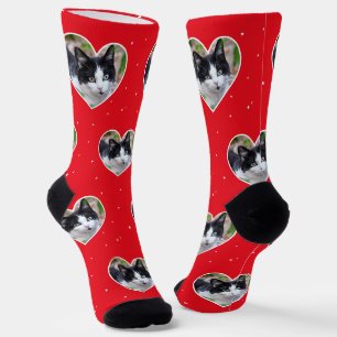 Custom Tuxedo Cat Foto auf Socken mit roter Crew