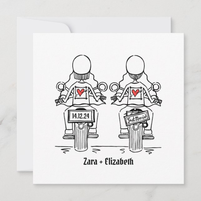 Custom Two Brides Biker Motorrad Abend Hochzeit Einladung (Vorderseite)