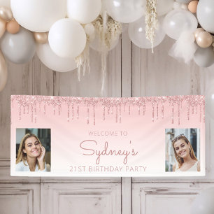 Custom Two Foto Pink Glitzer Tropfen 21. Geburtsta Banner