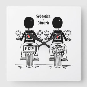 Custom Two Grooms Biker Motorrad Hochzeit Quadratische Wanduhr