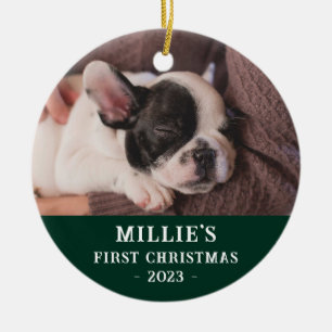 Custom Two Side Green First Christmas Puppy Foto Keramik Ornament