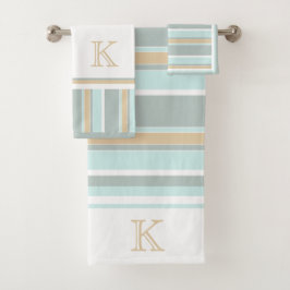 Custom Unique Seafoam Green White Tan Strip Art Badhandtuch Set