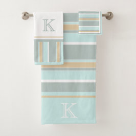 Custom Unique Seafoam Green White Tan Strip Art Badhandtuch Set