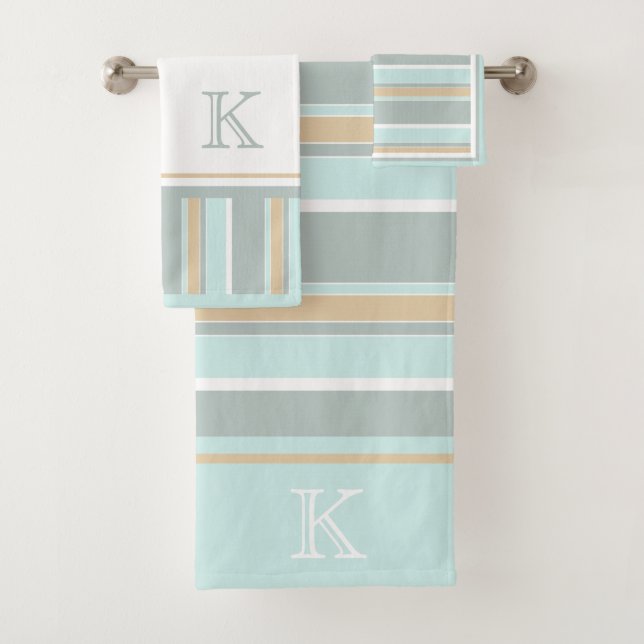 Custom Unique Seafoam Green White Tan Strip Art Badhandtuch Set (Insitu)