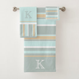 Custom Unique Seafoam Green White Tan Strip Art Badhandtuch Set