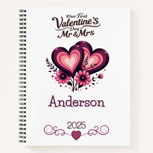 Custom Unser erster Valentinstag Mr. & Mrs. Notizbuch (Vorderseite)