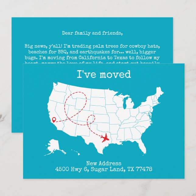 Custom USA Map Türkise "I ve Moved" Ankündigung (Vorne/Hinten)