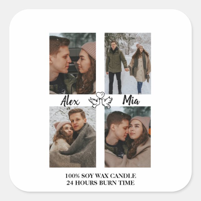 Custom Valentine Photo Collage Candle Label Quadratischer Aufkleber (Vorderseite)