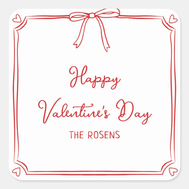 Custom Valentine's Day Party Niedlich Red Bow Hear Quadratischer Aufkleber (Vorderseite)