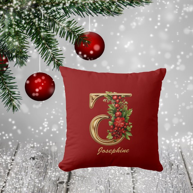 Custom Verziert Monogram J Christmas Red Gold Kissen (Von Creator hochgeladen)