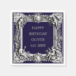 Custom Victorian Scroll Frame Napkin – navy blue Serviette