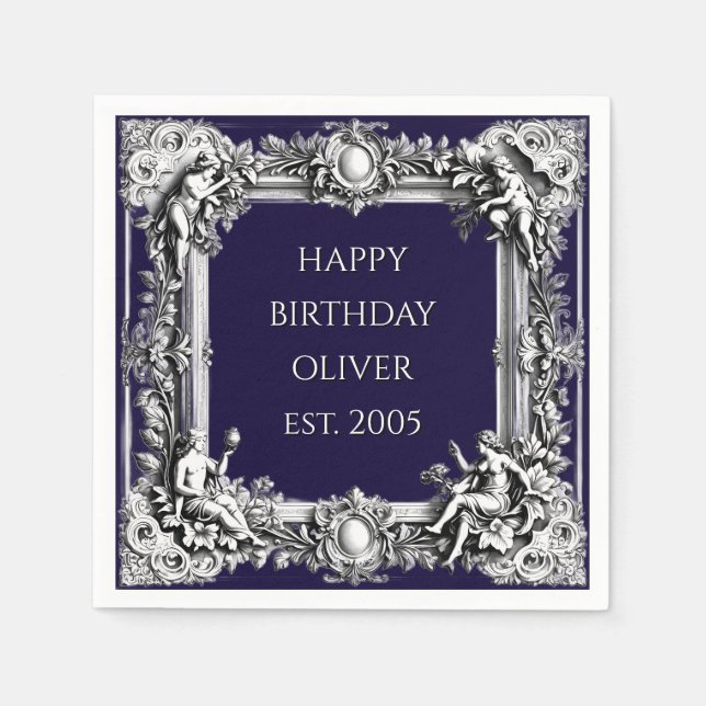 Custom Victorian Scroll Frame Napkin – navy blue Serviette (Vorderseite)