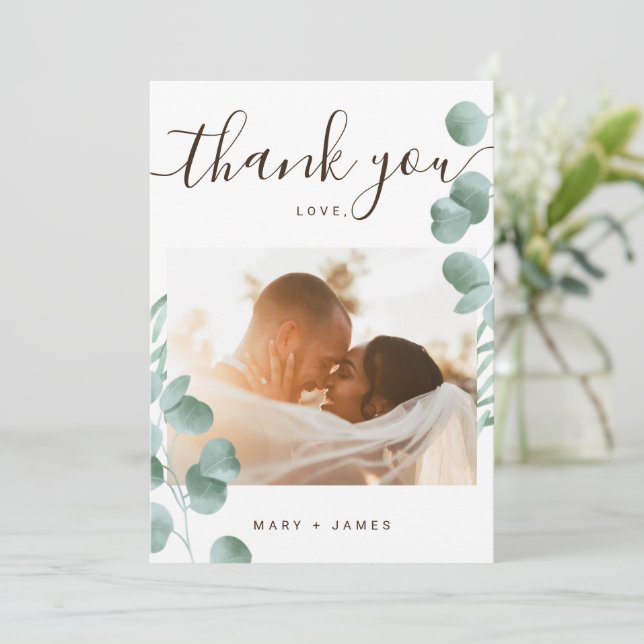 Custom Vielen Dank 2 Foto Wedding Eukalyptus Cards Einladung (Stehend Vorderseite)