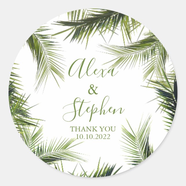 Custom Vielen Dank Palm Blätter Tropical Wedding Runder Aufkleber (Vorderseite)