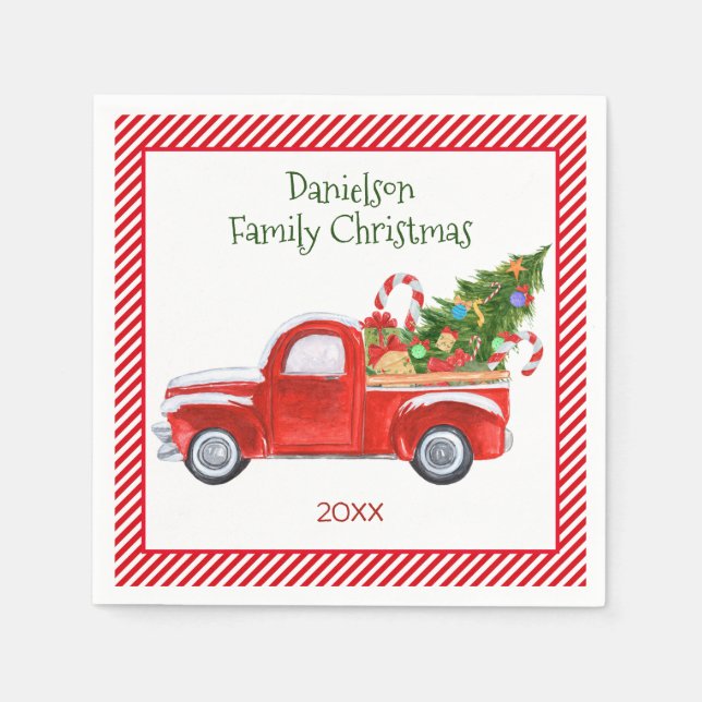 Custom Vintag Red Truck Weihnachtsfeier Serviette (Vorderseite)